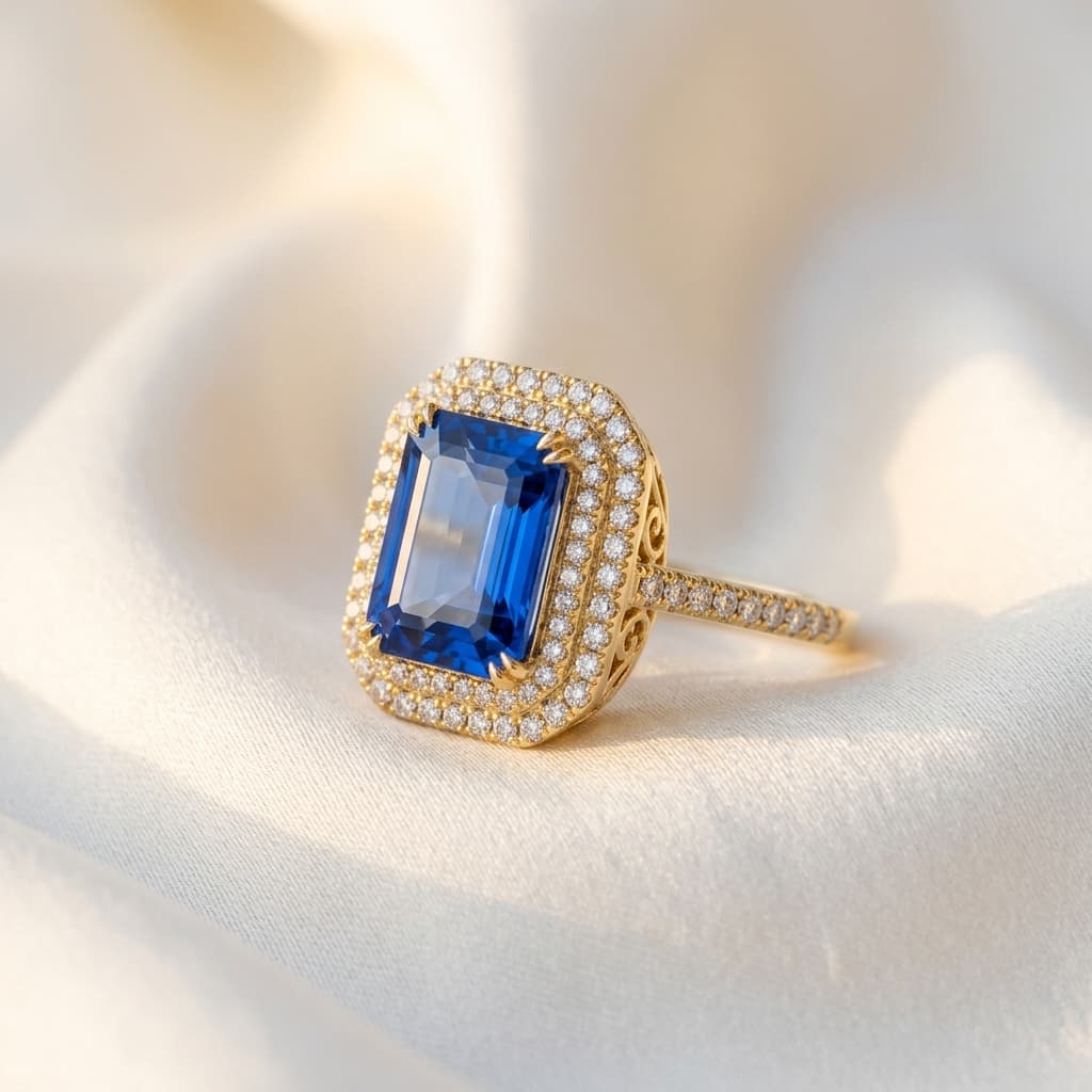 Royal Blue Sapphire Ring on White Silk
